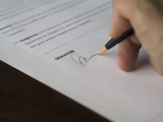 A hand signs a formal contract with a pen on a wooden desk. A media buying workflow from signed brief to a practical stop rule