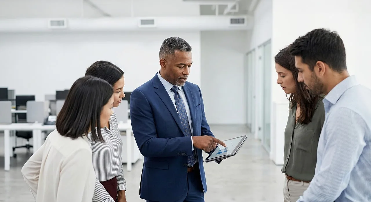 company, team, collaboration, office, meeting, technology, tablet, diverse, professionals, leadership, presentation, data, teamwork, modern, communication, strategy, innovation, group, workplace, accompaniment, ai generated
