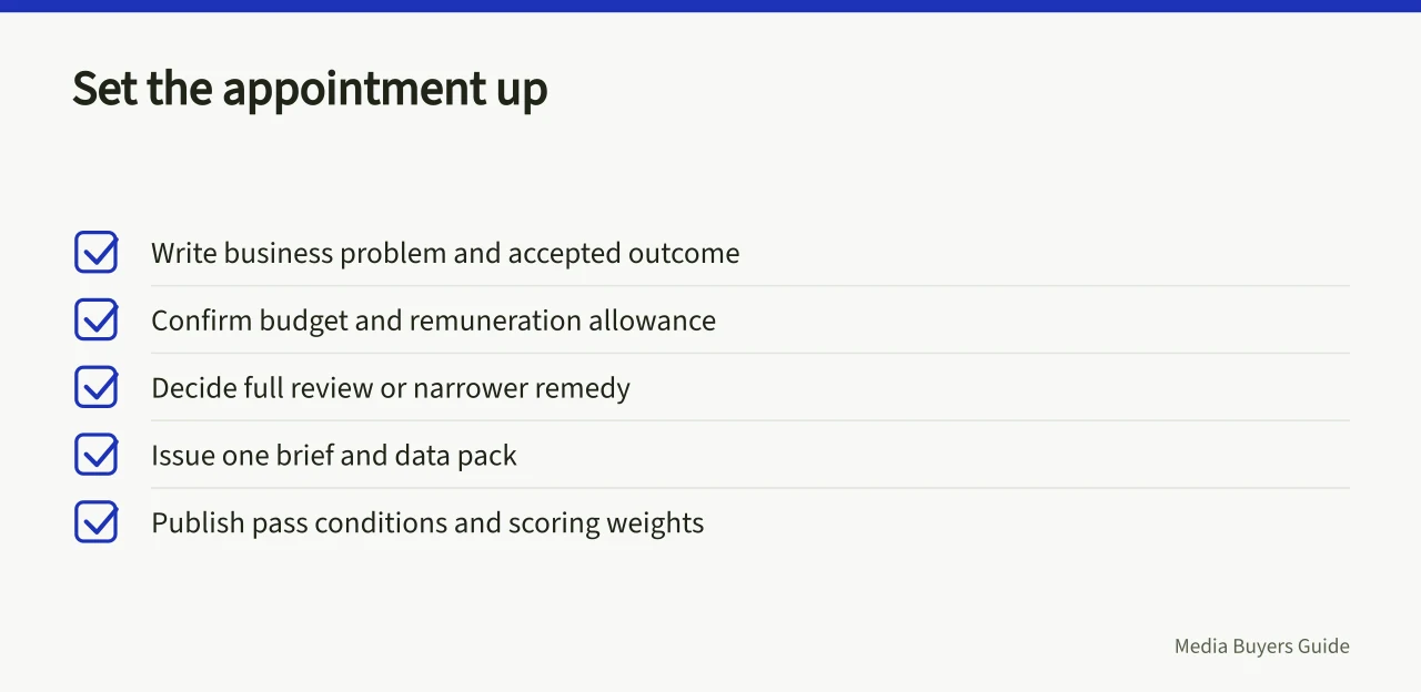 Checklist for setting up a media agency appointment (Setting pitch gates and recording a defensible media agency appointment)